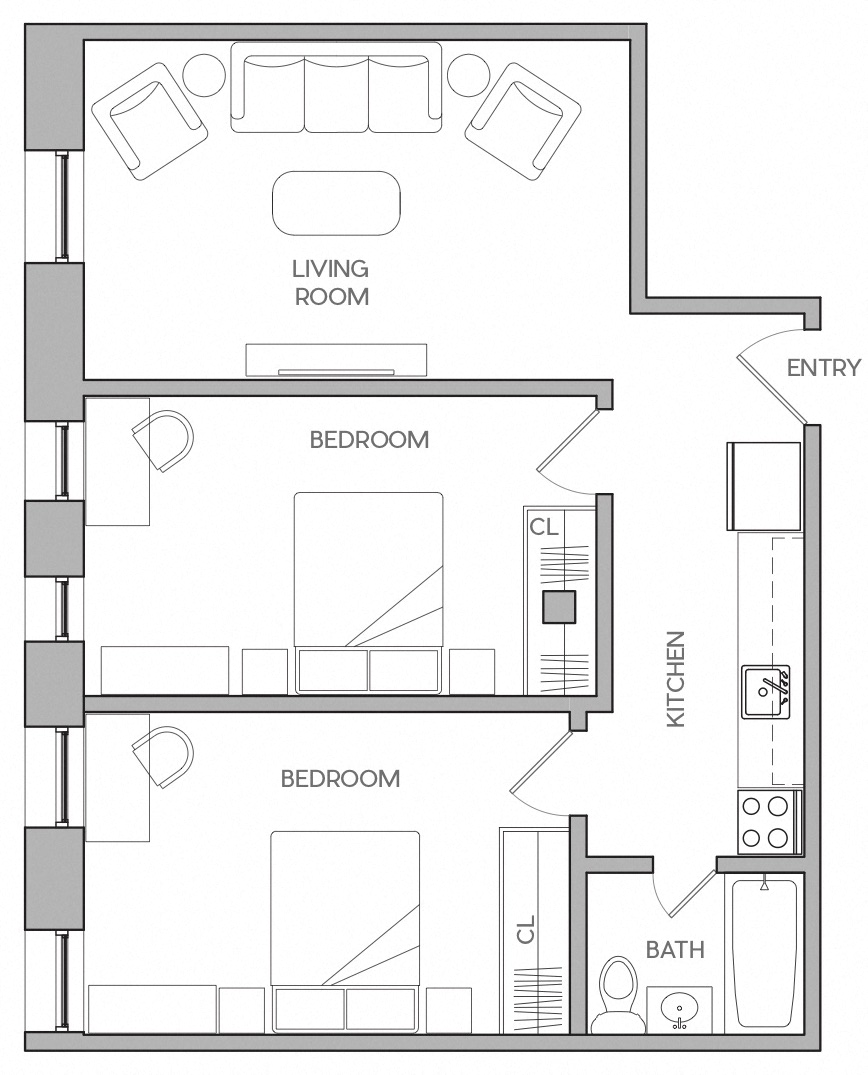 Floor plan for 2 beds, 1 bath, 1100 sqft